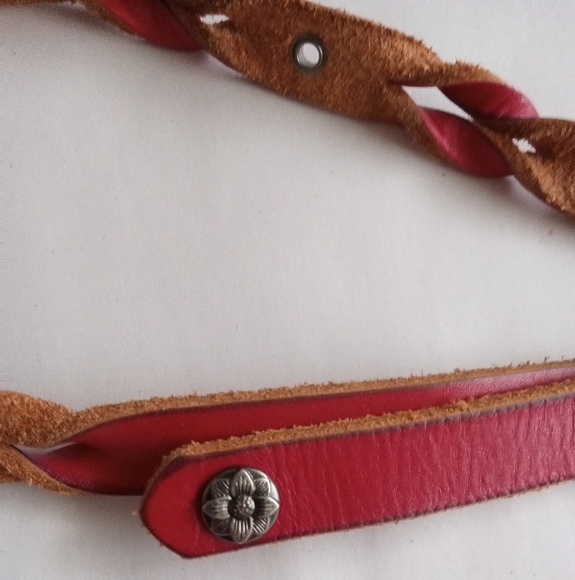 Red Fossil Belt Flower Stud Skinny Braided Leather Women's Size Large 35” - 39” - Picture 5 of 7